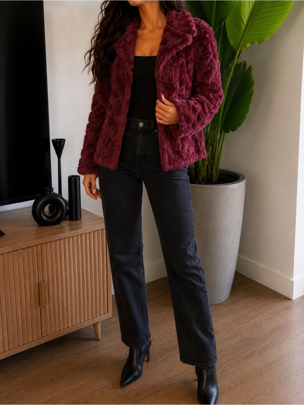 JohnPaulRichard Burgundy Faux Fur Teddy Jacket